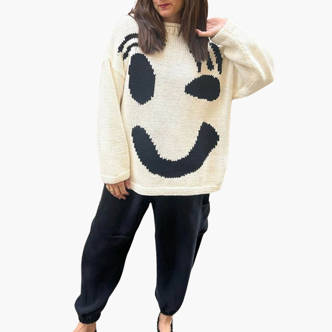 Dam Smiley-Tryck Överdimensionerad Tröja | Avslappnad Sticka Topp