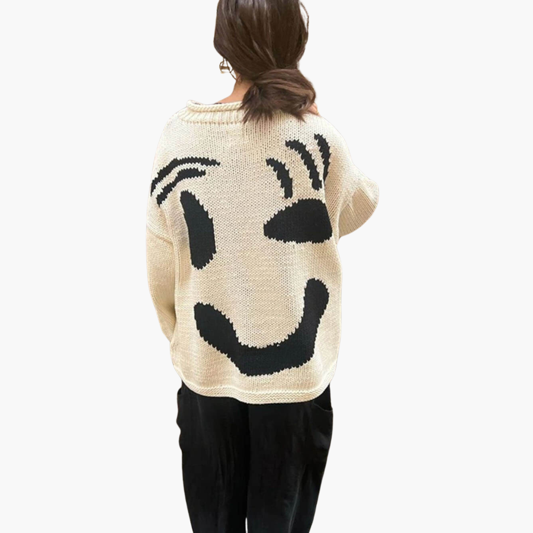 Dam Smiley-Tryck Överdimensionerad Tröja | Avslappnad Sticka Topp