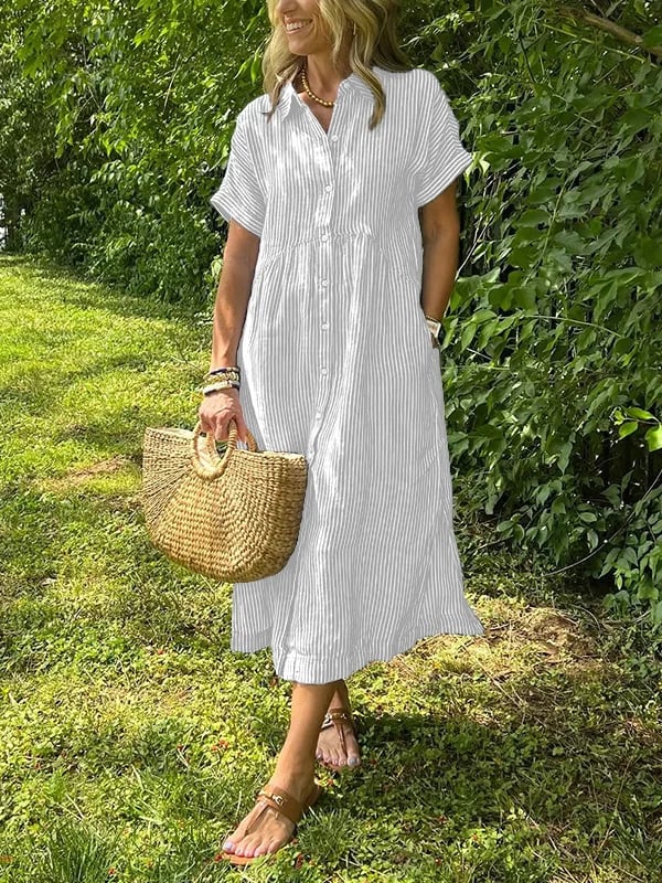 Dam Randig Maxi Skjortklänning | Knappad-Upp Revers Stil