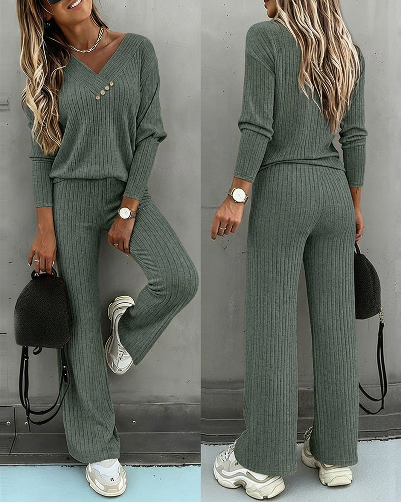 Dam Räfflad V-Ringad Sticka Co-Ord Set | Långärmad och Rak Ben Stil