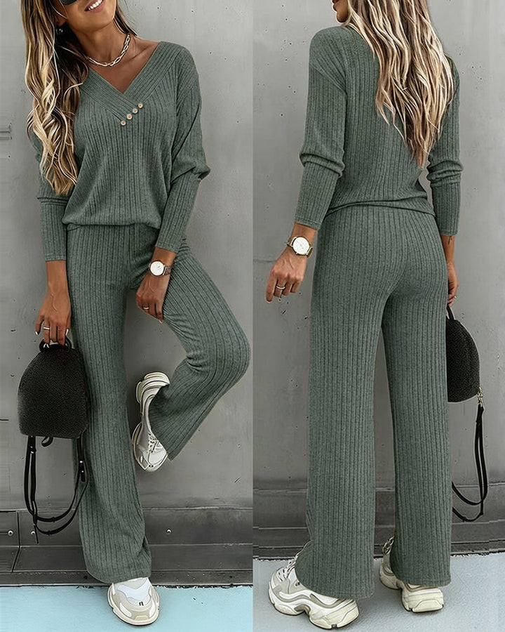 Dam Räfflad V-Ringad Sticka Co-Ord Set | Långärmad och Rak Ben Stil