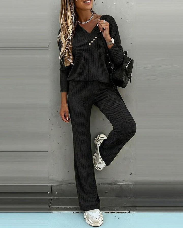 Dam Räfflad V-Ringad Sticka Co-Ord Set | Långärmad och Rak Ben Stil