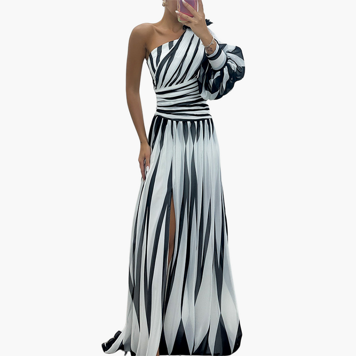 Randig En Axel Maxiklänning | Eleganta Slit Aftonklänning
