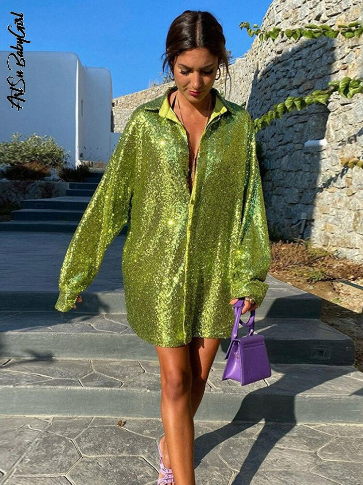 Dam Överdimensionerad Glittera Blus | Paljett Stil