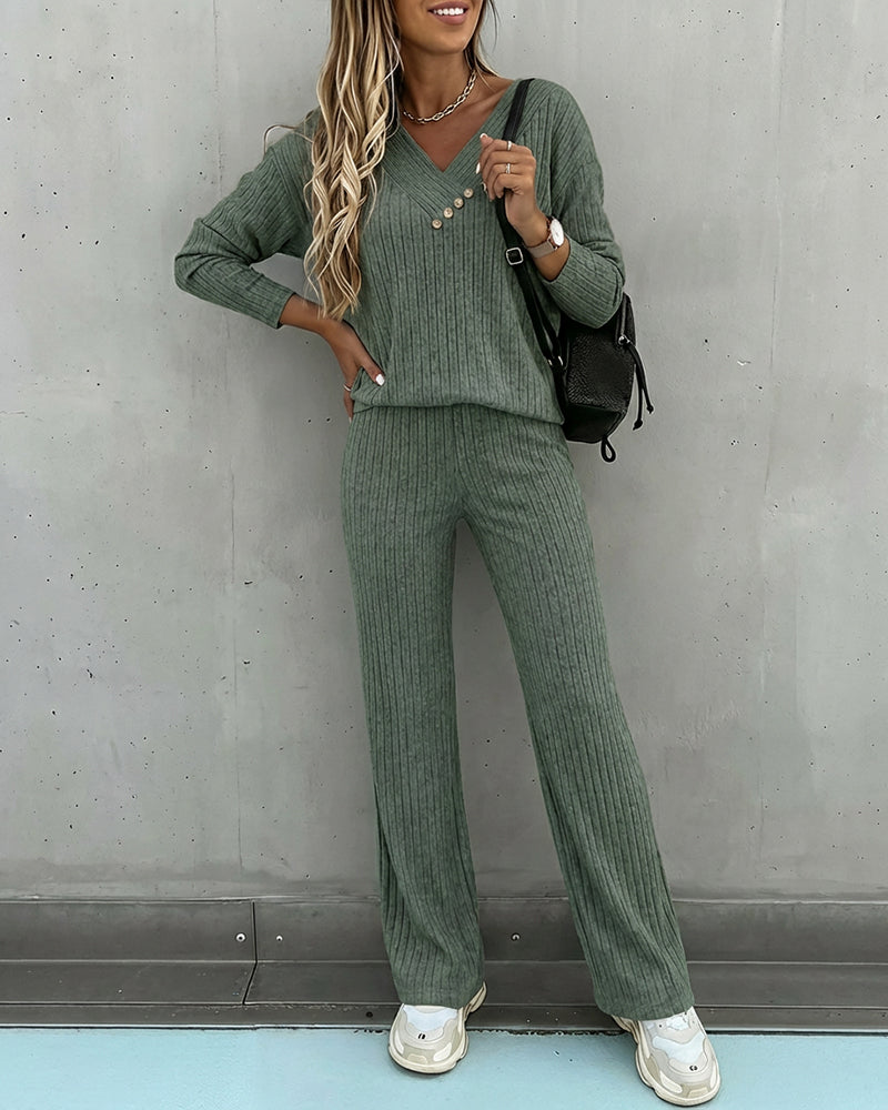 Dam Räfflad V-Ringad Sticka Co-Ord Set | Långärmad och Rak Ben Stil