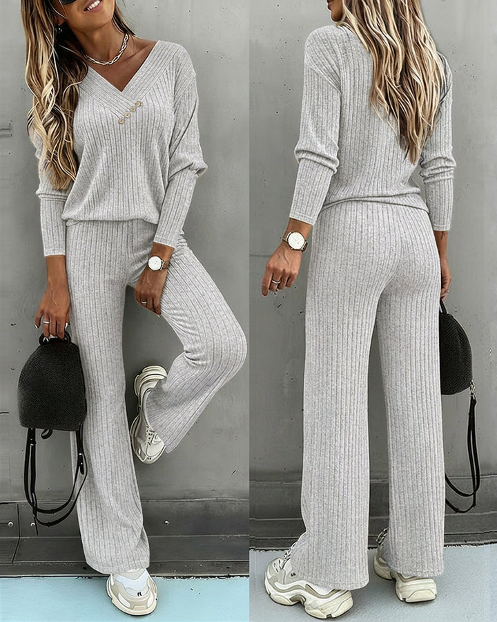 Dam Räfflad V-Ringad Sticka Co-Ord Set | Långärmad och Rak Ben Stil