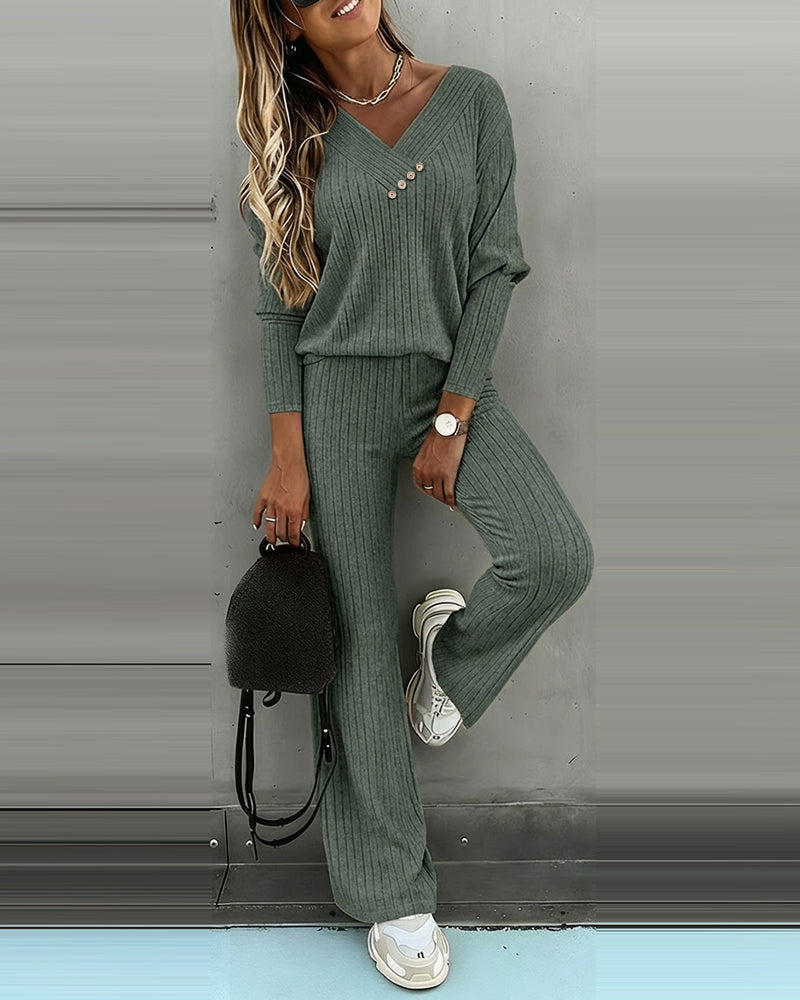 Dam Räfflad V-Ringad Sticka Co-Ord Set | Långärmad och Rak Ben Stil