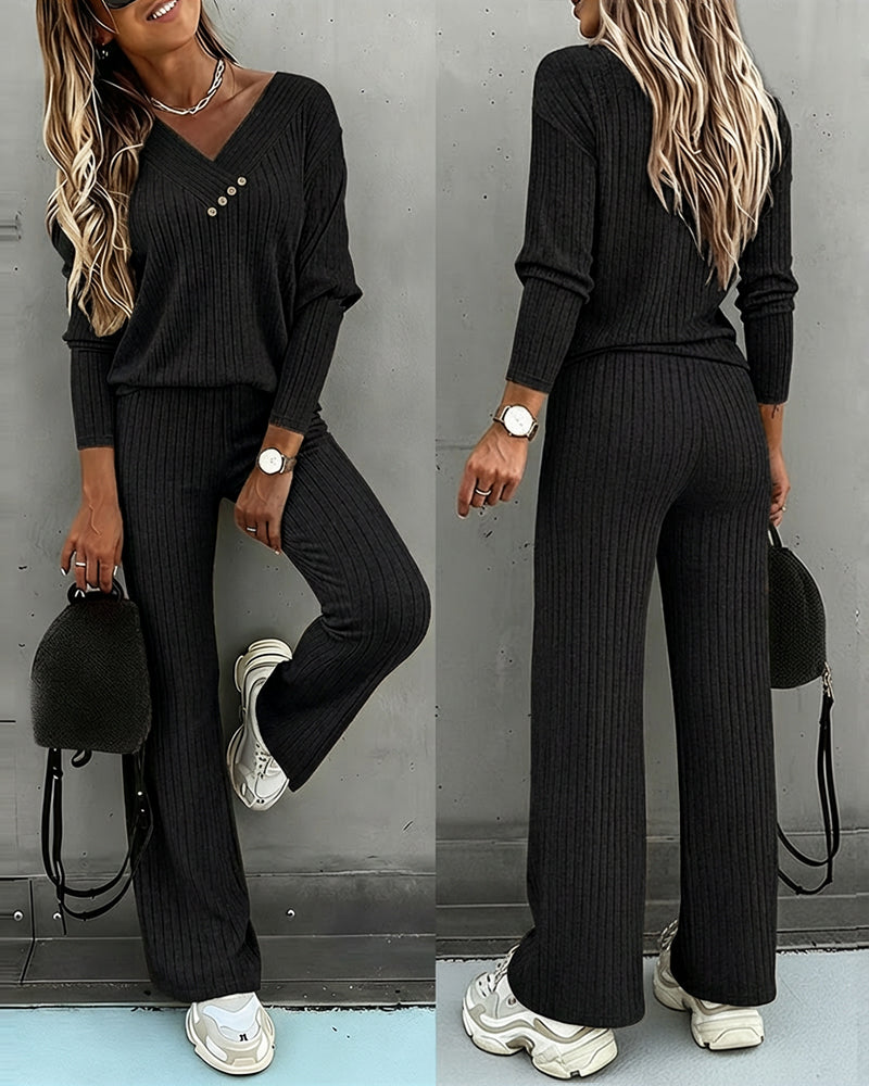 Dam Räfflad V-Ringad Sticka Co-Ord Set | Långärmad och Rak Ben Stil