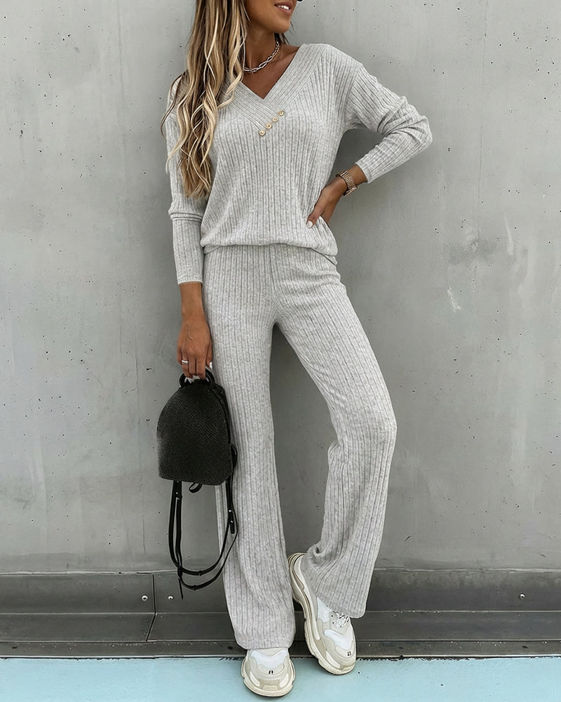 Dam Räfflad V-Ringad Sticka Co-Ord Set | Långärmad och Rak Ben Stil