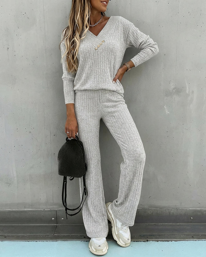 Dam Räfflad V-Ringad Sticka Co-Ord Set | Långärmad och Rak Ben Stil
