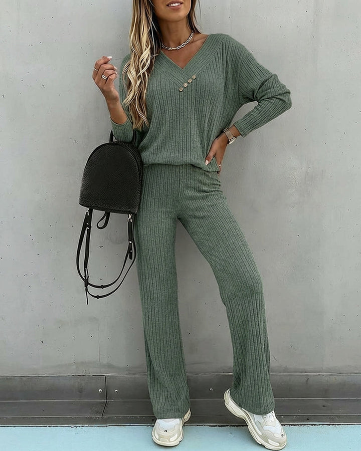 Dam Räfflad V-Ringad Sticka Co-Ord Set | Långärmad och Rak Ben Stil
