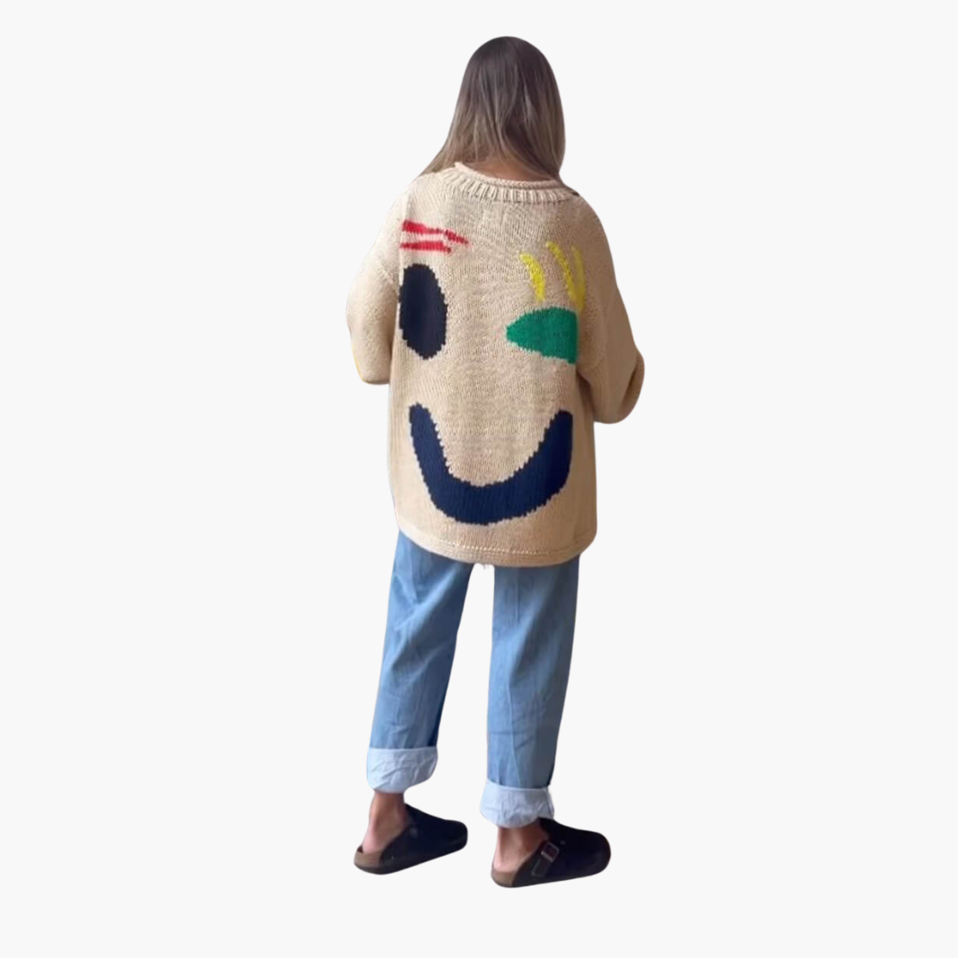 Dam Smiley-Tryck Överdimensionerad Tröja | Avslappnad Sticka Topp