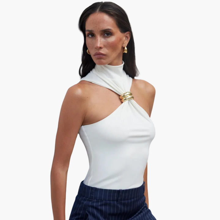 Dam Halternecktopp | Chic Hög Hals Gulddetaljer Topp