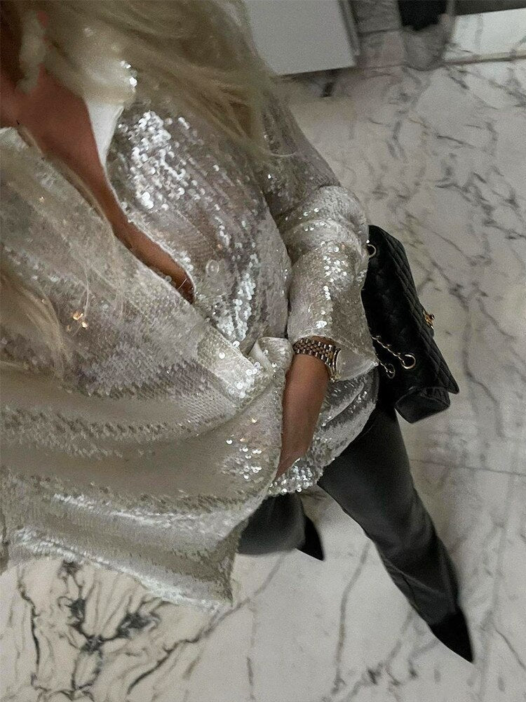 Dam Överdimensionerad Glittera Blus | Paljett Stil