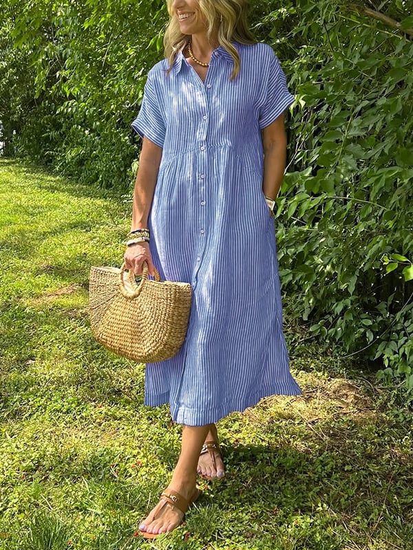 Dam Randig Maxi Skjortklänning | Knappad-Upp Revers Stil