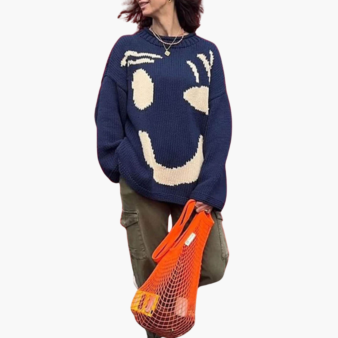 Dam Smiley-Tryck Överdimensionerad Tröja | Avslappnad Sticka Topp