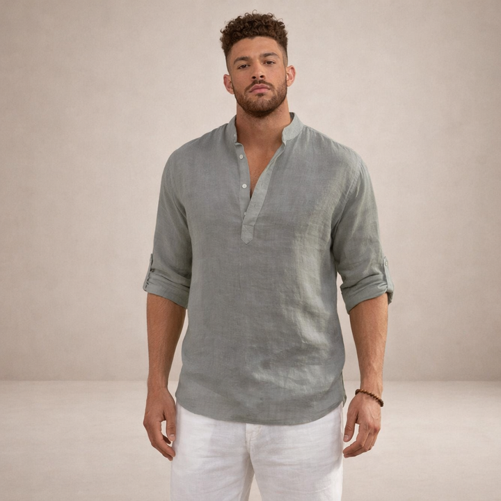 Herr Linne Skjorta | Andningsbar Ståkrage Långärmad