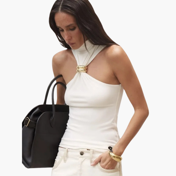 Dam Halternecktopp | Chic Hög Hals Gulddetaljer Topp