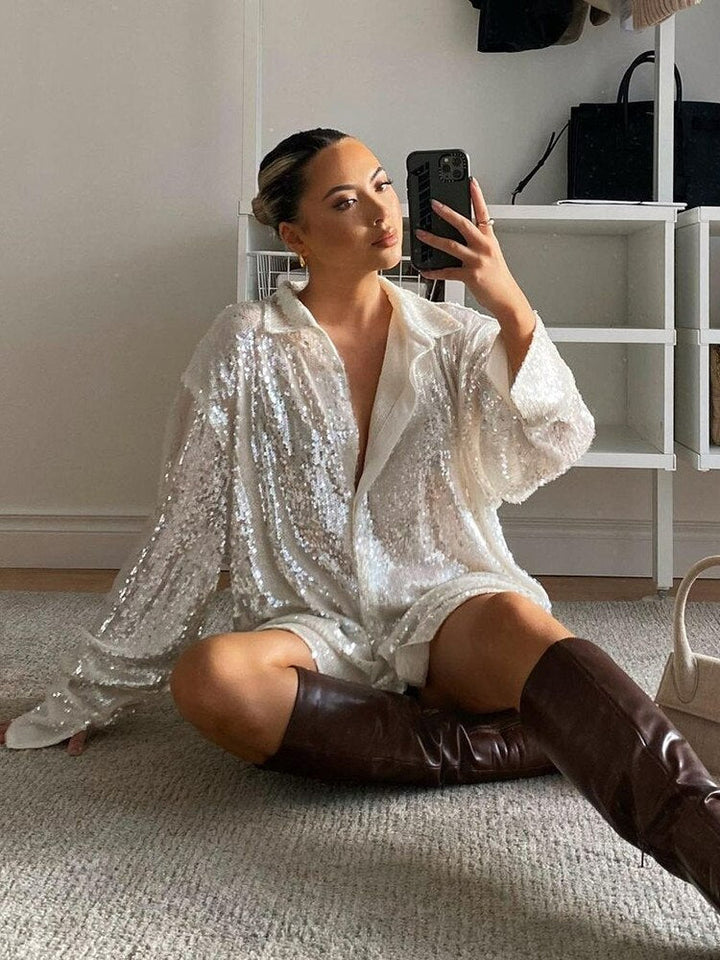 Dam Överdimensionerad Glittera Blus | Paljett Stil