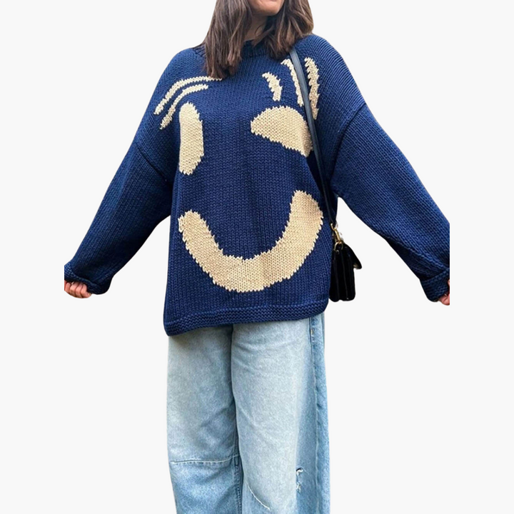 Dam Smiley-Tryck Överdimensionerad Tröja | Avslappnad Sticka Topp
