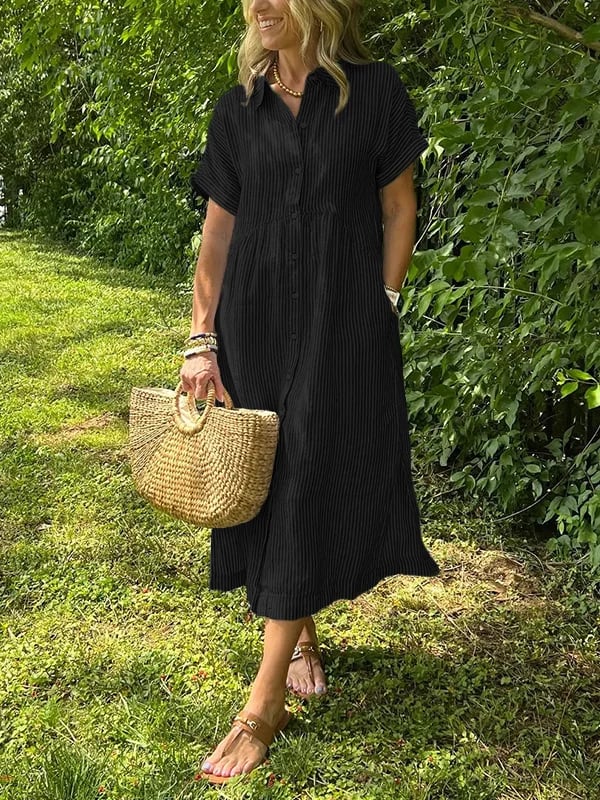 Dam Randig Maxi Skjortklänning | Knappad-Upp Revers Stil