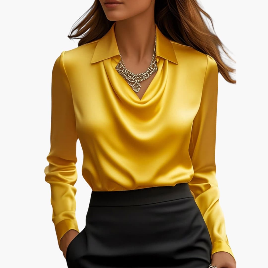 Dam Satin Stil Draperad Hals Långärmad Blus