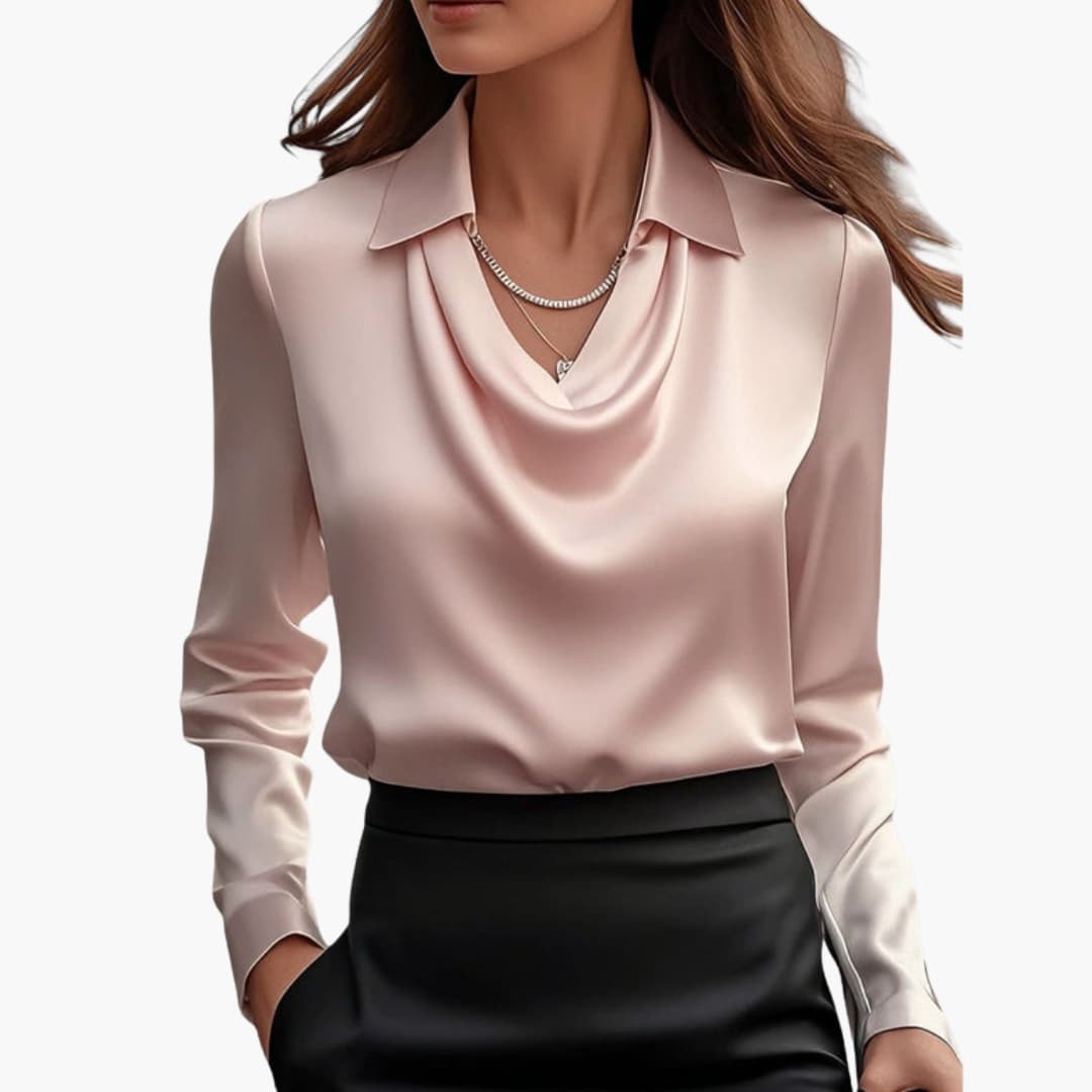 Dam Satin Stil Draperad Hals Långärmad Blus