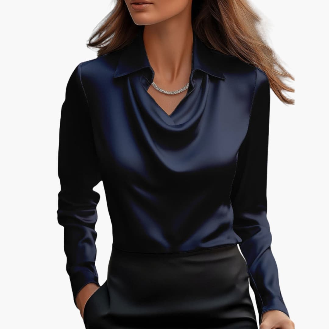 Dam Satin Stil Draperad Hals Långärmad Blus