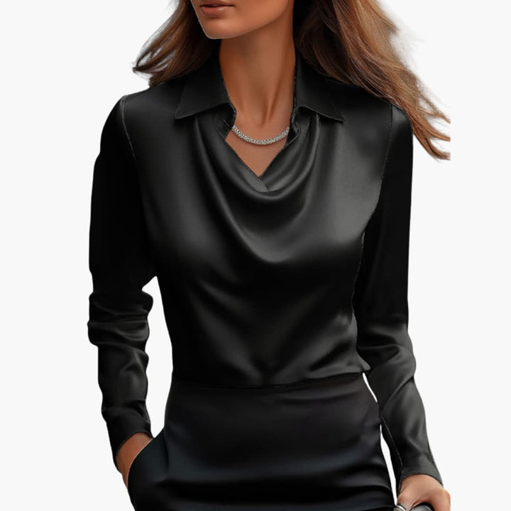 Dam Satin Stil Draperad Hals Långärmad Blus