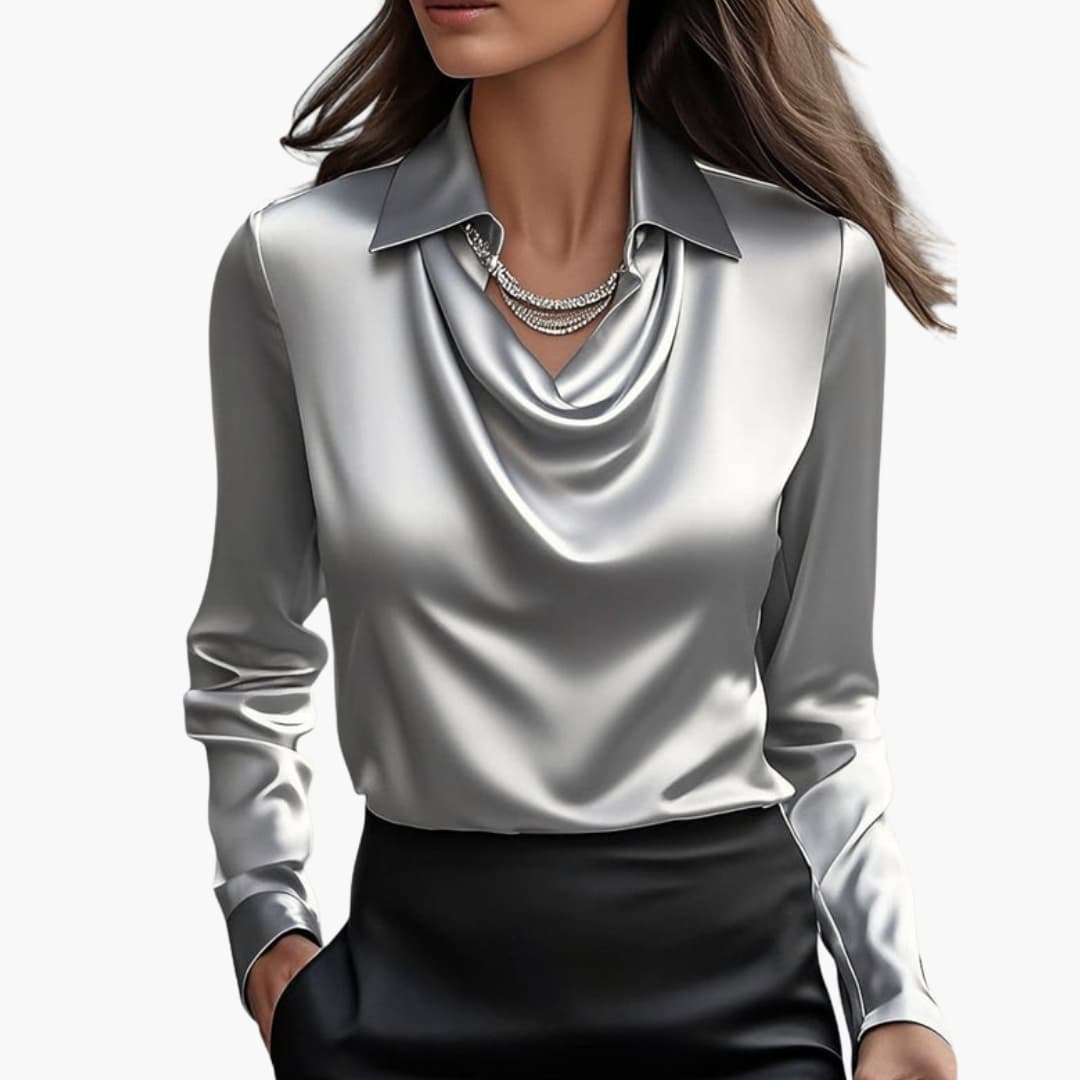 Dam Satin Stil Draperad Hals Långärmad Blus