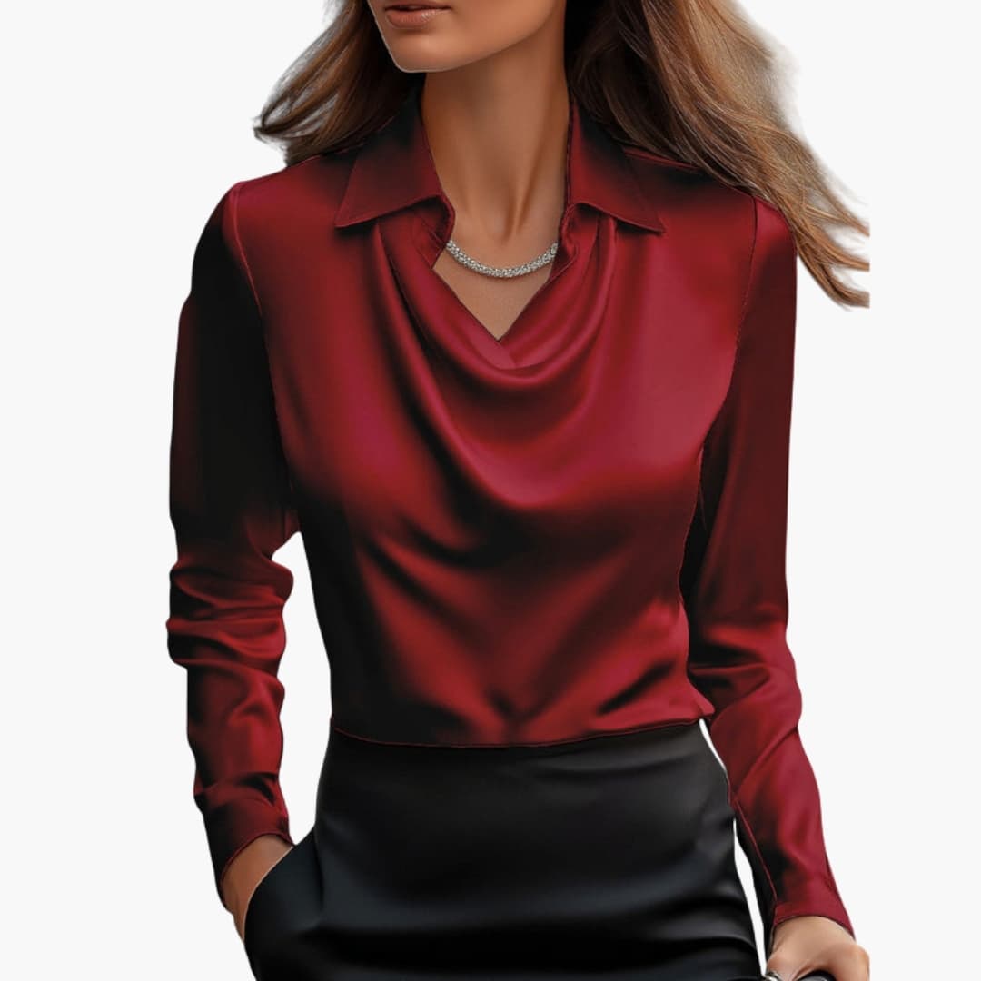 Dam Satin Stil Draperad Hals Långärmad Blus