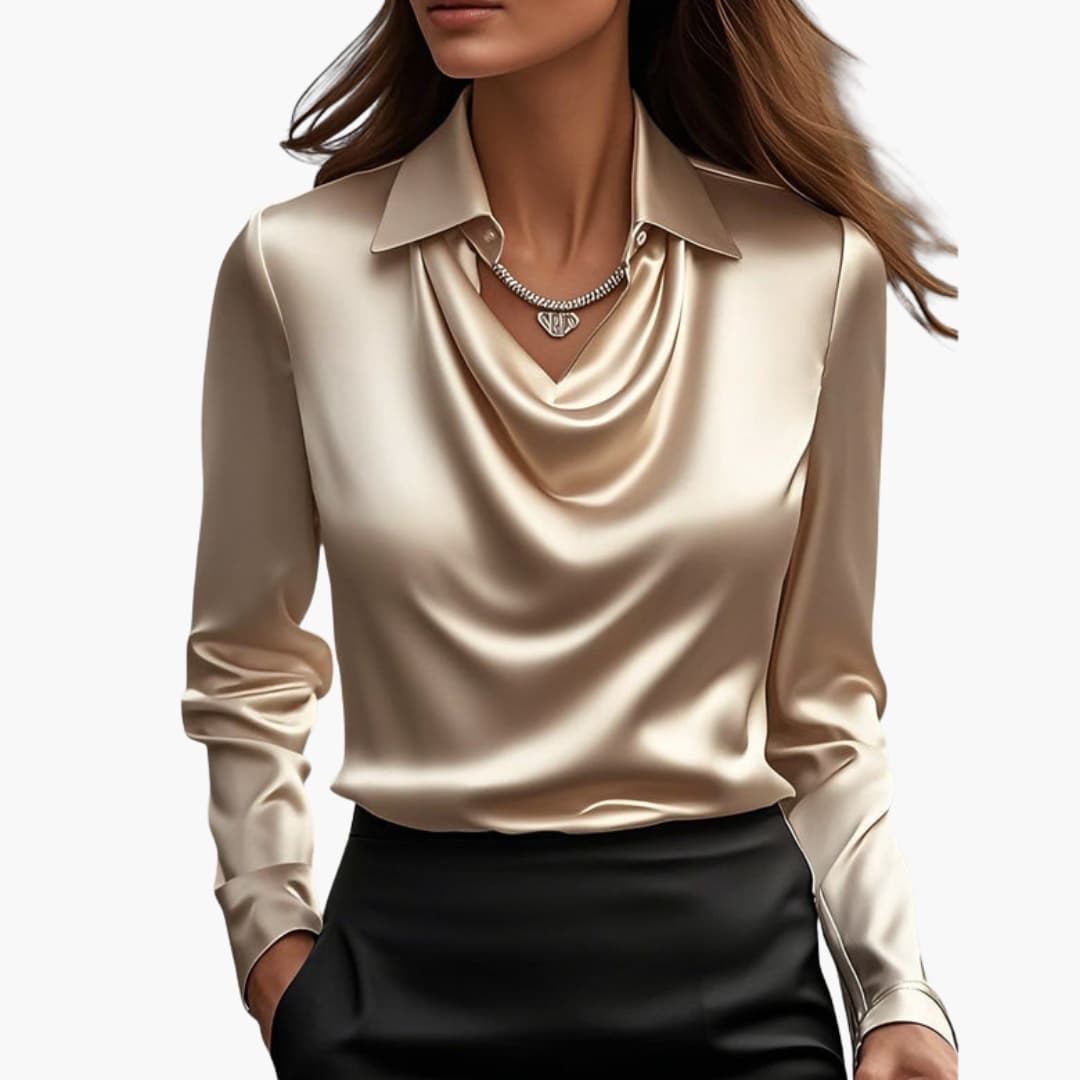 Dam Satin Stil Draperad Hals Långärmad Blus