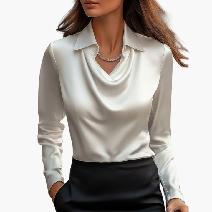 Dam Satin Stil Draperad Hals Långärmad Blus