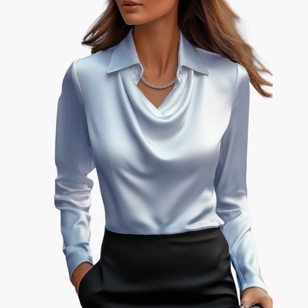 Dam Satin Stil Draperad Hals Långärmad Blus