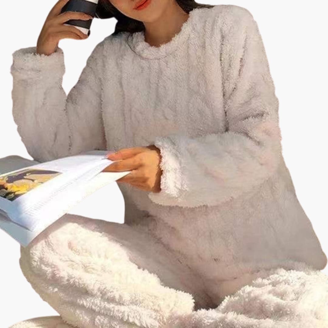Dam Fleece Pyjamasset | Långärmad Topp och Elastisk Midja Byxor