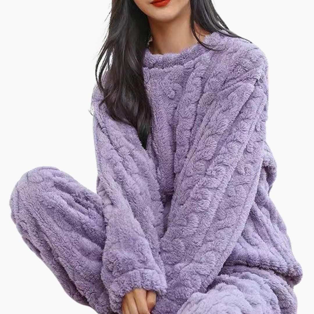 Dam Fleece Pyjamasset | Långärmad Topp och Elastisk Midja Byxor