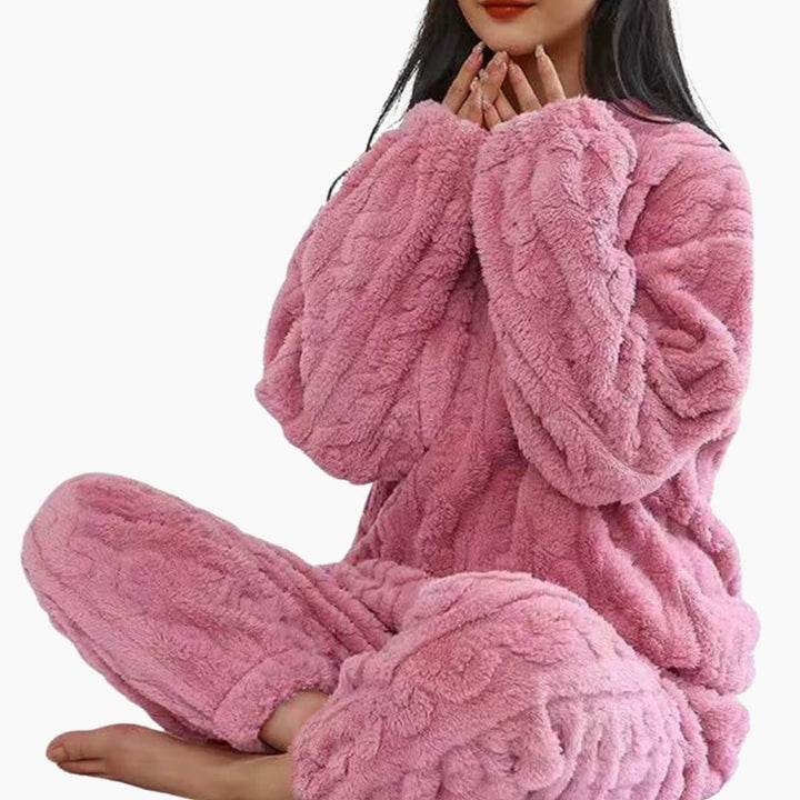 Dam Fleece Pyjamasset | Långärmad Topp och Elastisk Midja Byxor