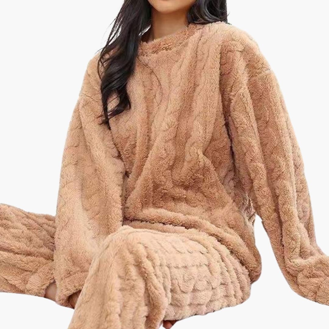 Dam Fleece Pyjamasset | Långärmad Topp och Elastisk Midja Byxor