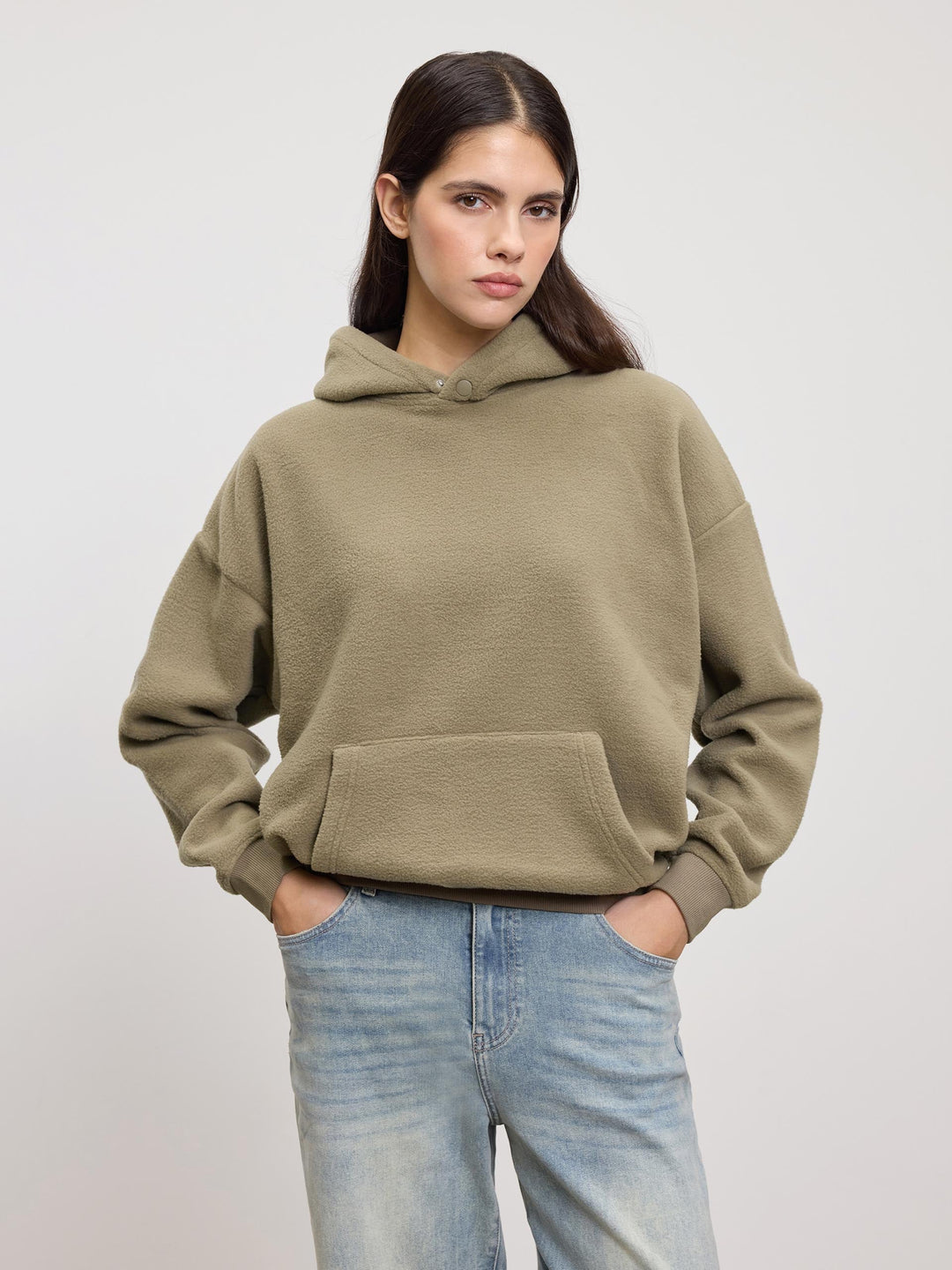 Snygg Vinterhuvtröja | Dam Oliv Fleece Huvtröja