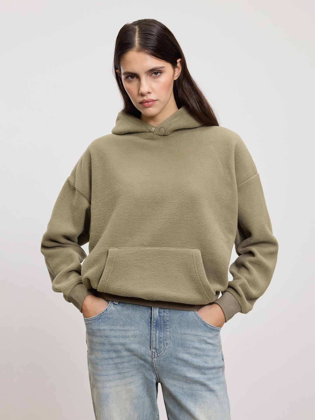 Snygg Vinterhuvtröja | Dam Oliv Fleece Huvtröja