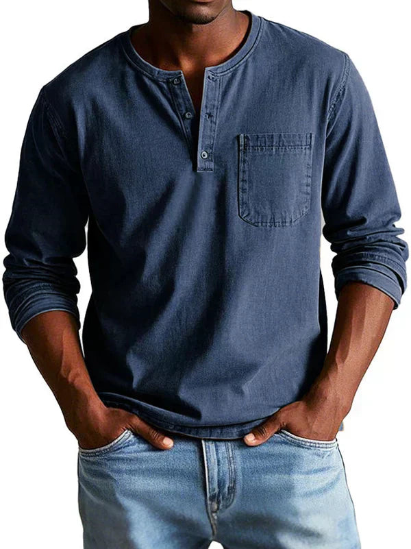 Herr Långa Ärmar Henley-Tröja | Knappslå och Bröstficka