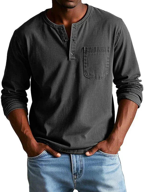 Herr Långa Ärmar Henley-Tröja | Knappslå och Bröstficka
