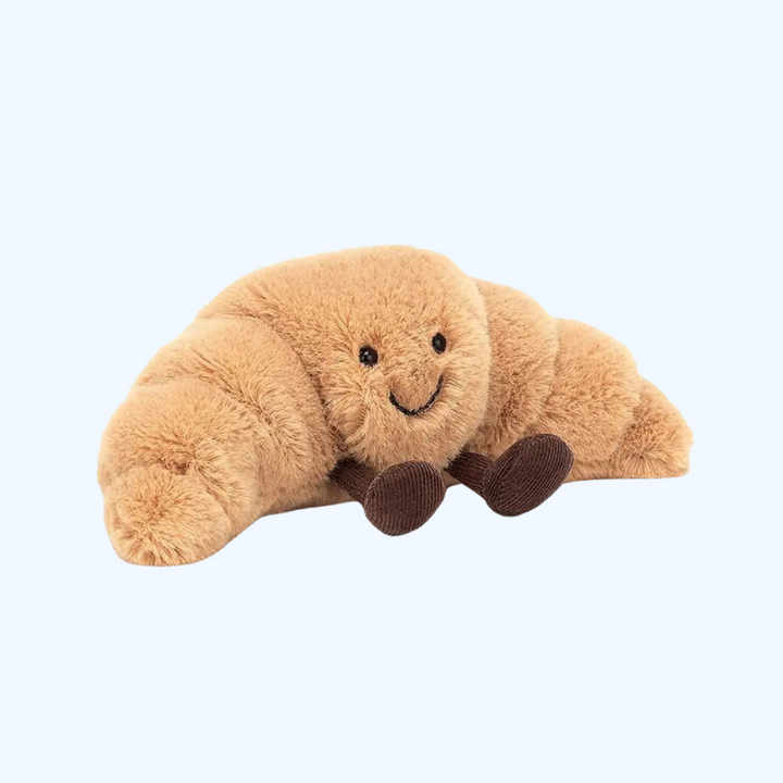 Croissant-Plushkudde | Mjuk 33 cm Ljusbrun Kudde med Leende Ansikte