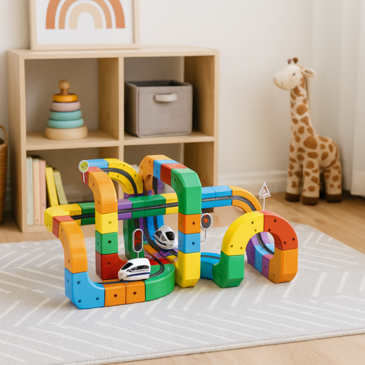 STEM-Pedagogiskt Byggleksak med Modulära Spår och Uppladdningsbart Tåg | Barn Från 3 år