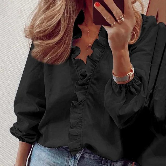Dam Volanger V-Ringning Blus | Mjuk Feminin Sommarstil