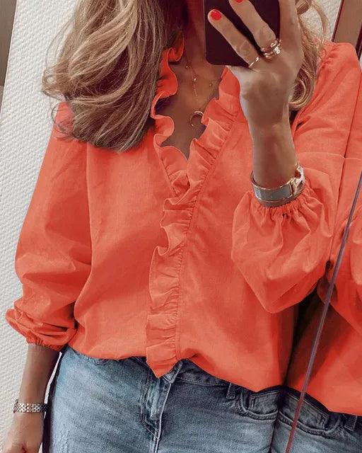 Dam Volanger V-Ringning Blus | Mjuk Feminin Sommarstil