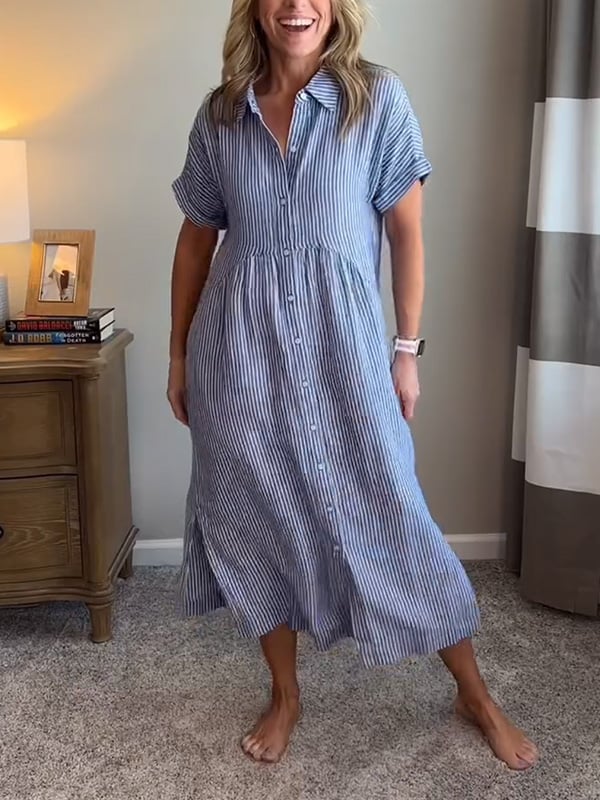 Dam Randig Maxi Skjortklänning | Knappad-Upp Revers Stil
