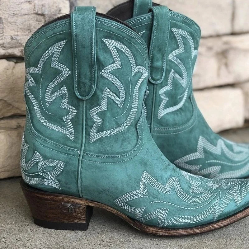Dam Broderad Läder Cowboystövlar