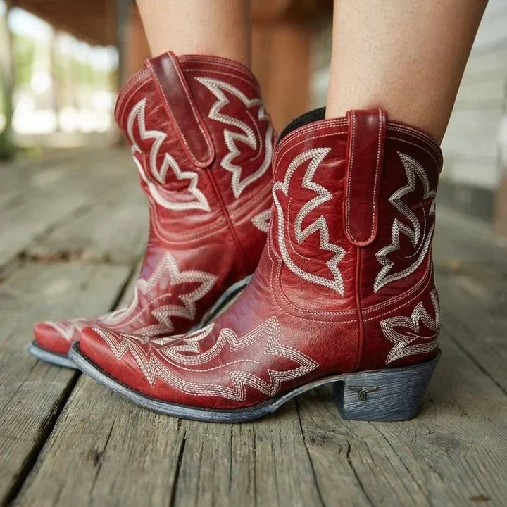 Dam Broderad Läder Cowboystövlar