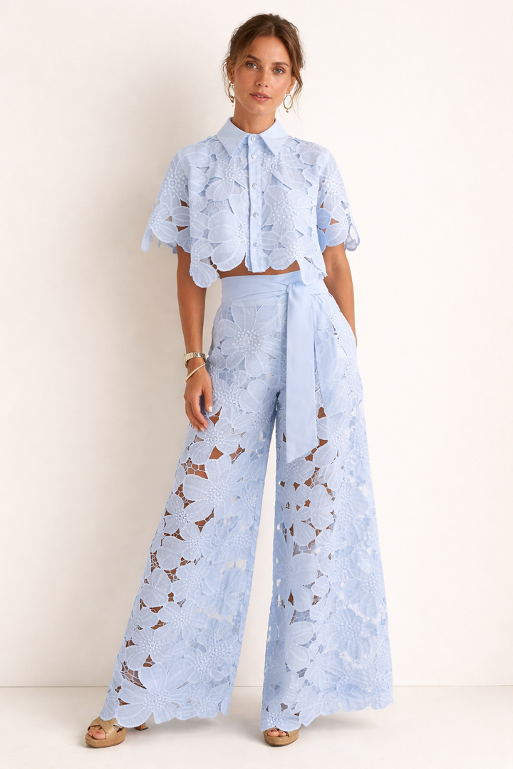 Dam Spetsblus Och Vida Ben Byxset | Eleganta Co-ord
